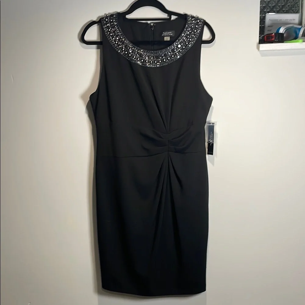 Tahari ASL Cocktail Dress Embellished Neck Ruched Size 14 nwt - Picture 2 of 13